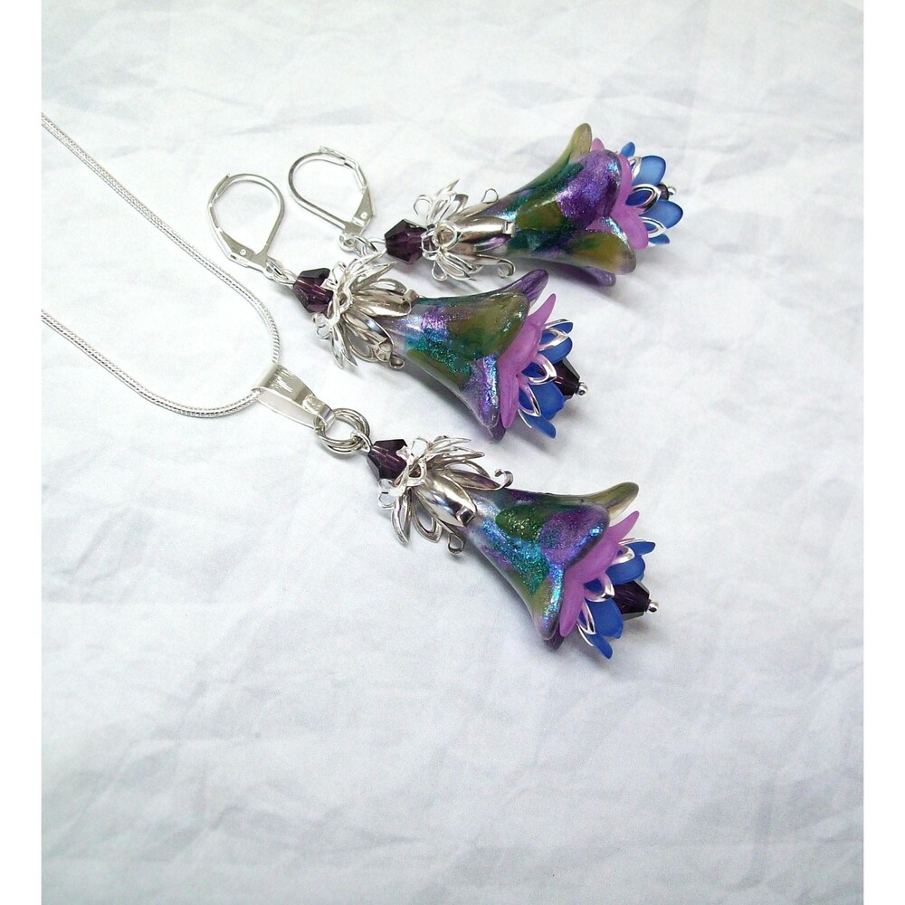 Boho Silver Jewelry Set, Floral, Hand Painted, Artisan Crafted Flower Jewelry